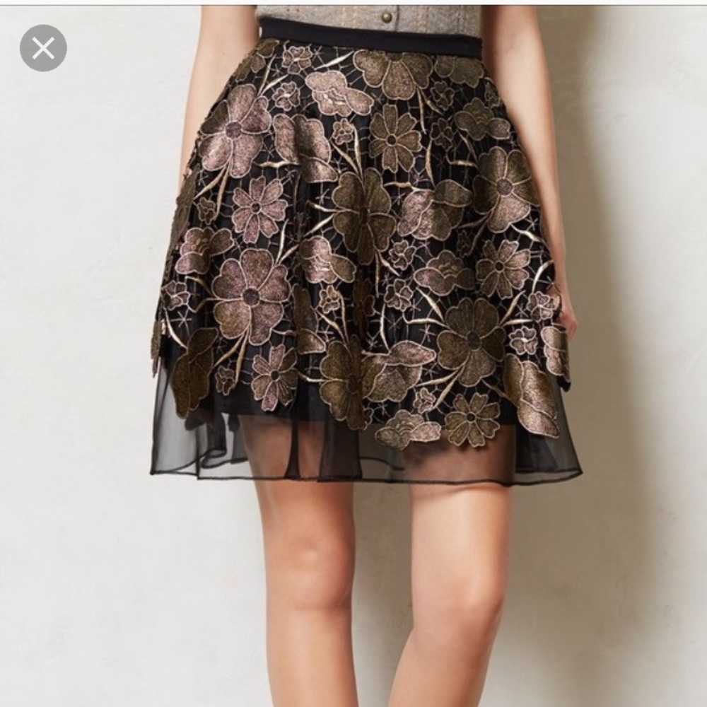Anthropologie black and gold lace a-line skirt